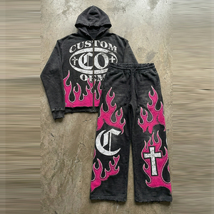 Applique Embroidery OEM Custom Acid Washed Distressed Boxy Fit 400 GSM Zipper-up Oversized Men's Hoodie Two-piece Set - Product Image 1