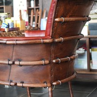 Fauteuil d'appoint vintage en bois massif courbé avec revêtement en cuir pleine fleur, chaise longue individuelle rétro pour bureau