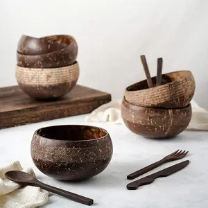Wholesale custom handcraft engraved vegan salad bowl natural coconut wood bowl