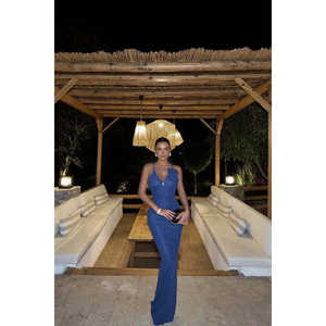 Vestido de Noche Azul Marino con Detalle de Rosa, Manga Corta, Cuello Alto, Estilo Imperio, Elegante, Largo hasta el Suelo, con Pedrería y Plumas - Product Image 3