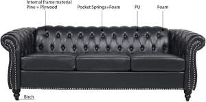 Chesterfield <span class=keywords><strong>classico</strong></span> divano in pelle PU a 3 posti con braccioli arrotolati per <span class=keywords><strong>soggiorno</strong></span> o ufficio di colore nero - Product Image 5