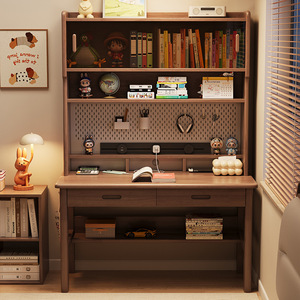 Solid Wood <b>Desk</b> And Bookshelf Integrated Pegboard Student <b>Computer</b> <b>Desk</b> With Socket Study Room Furniture Minimalist Modern Style - Product Image 2