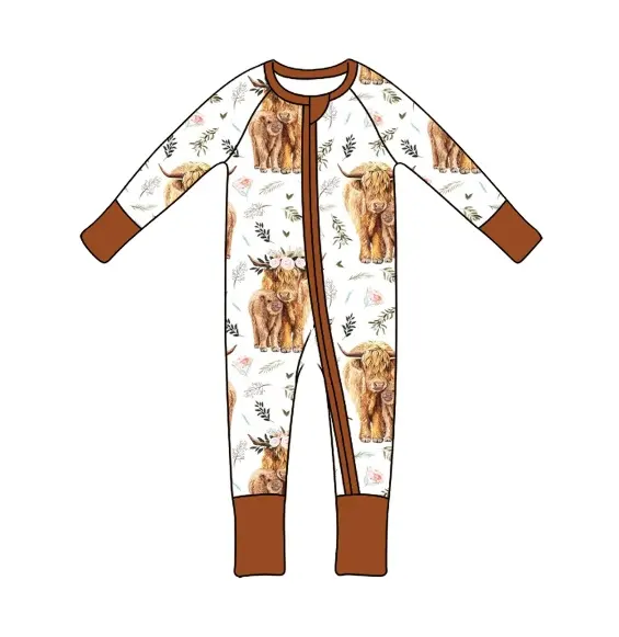 Huaang toptan butik bebek giysileri yayla inek çiçek baskı bambu bebek tulumu tulum yenidoğan giyim bebek pijama