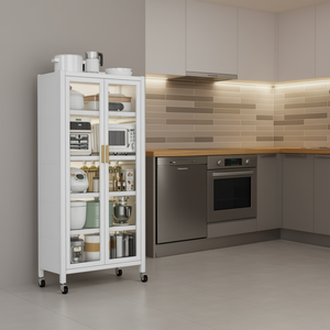 ตู้เก็บของในครัวทันสมัยพร้อมบานกระจก ชั้นวางไมโครเวฟ ตู้แบบโมดูลสีขาวสำหรับใช้ในครัวเรือน - Product Image 2