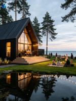 Cabane de glamping modulaire noire en forme de A, petite maison préfabriquée en bois avec grande fenêtre vitrée, villa de vacances préfabriquée pour station balnéaire