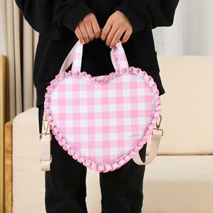 Tùy Chỉnh Hình Trái Tim Ba Lô Cô Gái <span class=keywords><strong>Kawaii</strong></span> Gingham Ba Lô Túi Xách Vai Túi Với Ruffle - Product Image 1