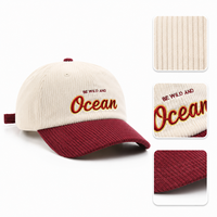 Casquette de baseball sportive en velours côtelé bicolore vintage personnalisable avec broderie de lettres tendance et design feuille sur visière incurvée