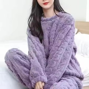 Pyjama en flanelle décontracté pour femmes, manches longues, col rond, couleur unie, doux, respirant, vêtements de maison d'été, ensemble deux pièces - Product Image 2