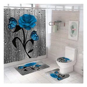 도매 참신 사용자 정의 브랜드 디자이너 e61 드 바오 블루 장미 방수 폴리 에스터 샤워 커튼 세트 욕실