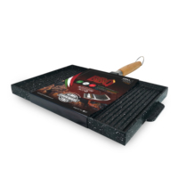 Plaque de cuisson rectangulaire pour barbecue 35x25 cm en alliage d'aluminium antiadhésive avec poignée en bois pliable
