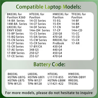 Batterie d'ordinateur portable BK03XL HT03XL HW03XL TF03XL LK03XL RR03XL pour HP Pavilion 14-BA 15-CS 17-BY ProBook 450 G5 ENVY 15-BP Series
