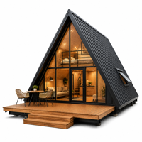Maison préfabriquée moderne en forme de A, cabane loft, maison modulaire triangulaire, villa de luxe en structure acier avec terrasse et mur en verre