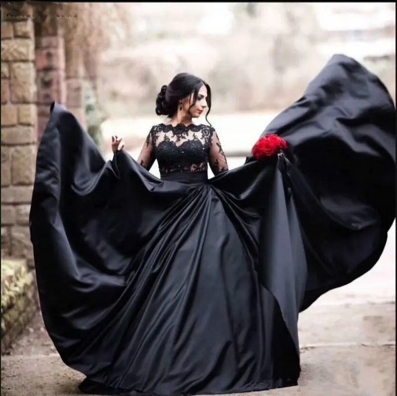NE235 Vintage türkiye artı boyutu dantel bir çizgi siyah düğün elbisesi gelinlikler uzun kollu prenses lübnan Illusion arap gelin