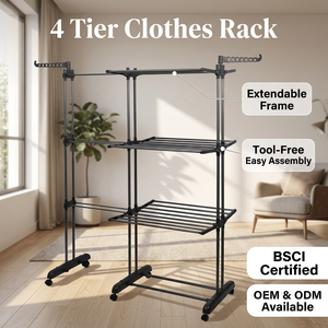 Heavy Duty 4 Tier <strong>Clothes</strong> <strong>Drying</strong> Stand, <strong>Foldable</strong> Metal Laundry <strong>Drying</strong> <strong>Rack</strong> Space Saving Rolling <strong>Clothes</strong> <strong>Rack</strong> with Wheels - Product Image 2