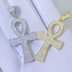 Kalung Perak Vermeil 925 Iced Out VVS Moissanite Berlian Ankh Liontin Rantai Tenis Set Hip Hop Perhiasan untuk Pria Wanita Rapper