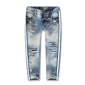 Vente en gros de jeans pour enfants à taille élastique, imprimés, avec rayures latérales, denim déchiré, coupe droite pour garçons - Product Image 2