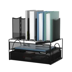 Kantoor Accessoires 5 Verticale Opslag Zwart 2 Tiers Metalen Mesh 2 Papierlade & 5 Rechtop Slot Bestandsmap Houders met Lade