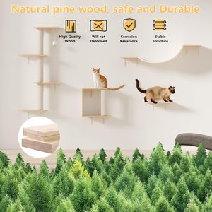 Kustom kayu karet padat kucing bertengger Modern dinding terpasang rak kucing apung dengan tikar Sisal desain unik kucing dinding Scratcher & pohon - Product Image 4