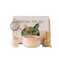Ensemble de thé matcha en porcelaine à motif de fleurs de cerisier en relief, cinq pièces, écologique, durable, design Japandi, accessoires pour café