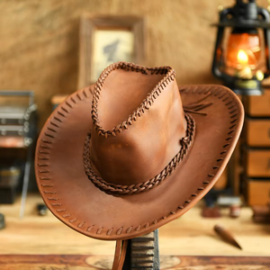 Handmade Crazy Horse Leather Cowboy <b>Hat</b> Vintage Western Outback <b>Hat</b> Men's Genuine Leather Sun Visor Rider Cap for Outdoor - Product Image 1