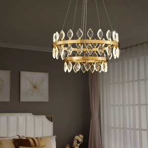 Lustre suspendu rond à double anneau en cristal doré de luxe moderne <span class=keywords><strong>Tyson</strong></span> pour chambre à coucher, salon, îlot de cuisine - Product Image 3
