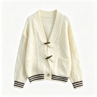 Cardigan en tricot côtelé ample pour femme, style décontracté européen et américain, à manches bouffantes, pour l'automne