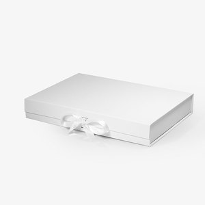 Geotobox 38x28x6cm | 15x11x2.36in Large Shallow White Cardboard Foldable Gift Packaging Box with Ribbon