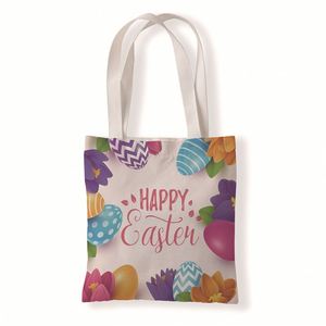 2024 Happy Easter cetakan dapat digunakan kembali dicetak kanvas menangani tas bahu anak-anak katun tas belanja kemasan mainan telur tas - Product Image 4