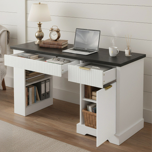 Modern Solid Wood Fluted Office <b>Desk</b> Storage Cabinet <b>Drawers</b> Eco-Friendly Adjustable Height <b>Computer</b> Writing <b>Desk</b> Power Outlet - Product Image 4