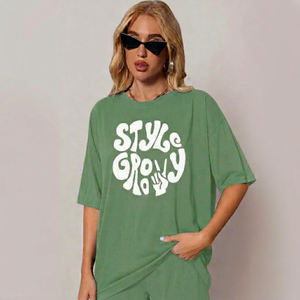Camiseta Verde Extra Grande para Mujer, Estilo Groovy, Corte Holgado, Cuello Redondo, Manga Corta, Primavera Verano, Jersey de Algodón - Product Image 1