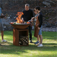 Foyer extérieur en acier corten avec grilles de barbecue, foyer extérieur en métal pour brûler du bois, table de barbecue extérieure