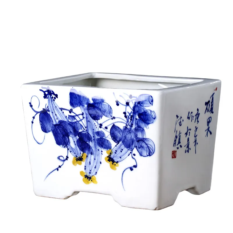 中国の手描き長方形青と白の磁器植木鉢カスタマイズされたデスクトップセラミック小さな植木鉢メーカー