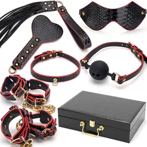 BDSM Set Of 7PCS Sex Toy Handcuffs Blindfold SM Game Play Crocodile Grain Set Bondage Restraint With Tool Kit Box For Couple