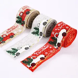 Navidad impresa personalizada con cable, cinta arpillera árbol de Navidad lino con cable borde cintas para decoración de vacaciones/