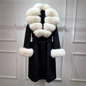 <span class=keywords><strong>Veste</strong></span> d'hiver <span class=keywords><strong>longue</strong></span> en <span class=keywords><strong>laine</strong></span> mélangée pour femmes Col et poignets en fourrure de renard naturel Manteau en cachemire ceinturé Manteau décontracté - Product Image 3