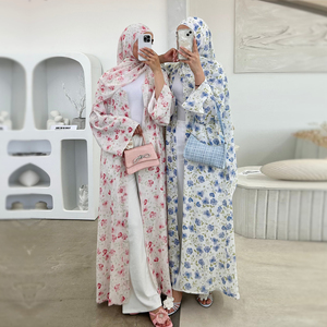Mùa hè ramadan voan khiêm tốn abaya phụ nữ hồi giáo ăn mặc hai mảnh thiết lập phía trước mở in Kimono abaya với phù hợp với khăn trùm đầu khăn - Product Image 3