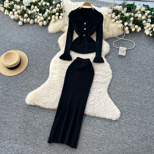 महिलाओं 2 टुकड़ा सूट लैपल लंबी आस्तीन पतली शीर्ष और उच्च कमर वाली पेंसिल स्कर्ट फ्रेंच शैली दो-टुकड़ा सेट - Product Image 5