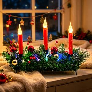 Christmas Decorative Candle <b>Light</b> Set With Pine <b>Branches</b> And Ornaments For Indoor Holiday Display - Product Image 2
