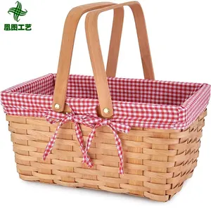 HuangTu Handmade Woven Wicker Wood Handle Wholesale Wooden Picnic Basket With Lid