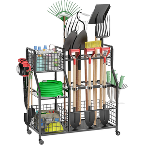 <b>Garden</b> Tool Rack Double Tier Utility Yard Organizer Standing Type Metal for Behind Doors/Walls Wheels Adjustable Storage 6 <b>Hooks</b> - Product Image 1