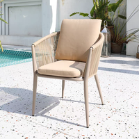 Fauteuil de salon d'extérieur en corde tressée beige avec coussin, structure métallique, pour terrasse, bord de piscine, jardin