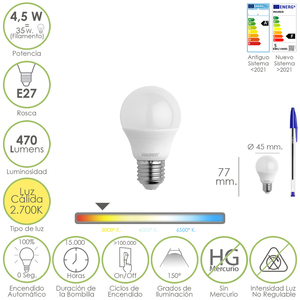 Lampadina LED Sferica E27 a Vite, 4,5 Watt. Equivalente a 55 Watt. 470 Lumen. Bianco caldo (2700K) - Product Image 1