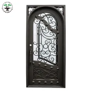 Porta de ferro forjado de entrada principal de metal, porta de ferro com vidro temperado