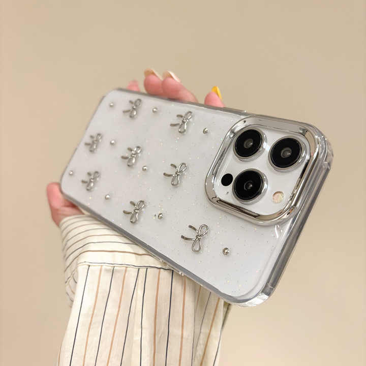 Ins Glitter 3d Silver Bow Bead Case for Samsung Galaxy S25 S24 Ultra S23 S22 Plus S21 Fe A14 A15 A35 A55 A34 Epoxy Clear Cover