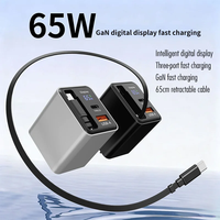 Chargeur rapide Ai GaN 65W Type C 2 avec câble rétractable et écran USB pour téléphone portable, idéal pour les voyages