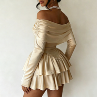 Robes de soirée élégantes pour femmes, tendance, beige doré, en satin, épaules dénudées, manches longues, corset à la taille, volants superposés, mini longueur