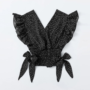 เสื้อชีฟองน่ารักสำหรับผู้หญิง ซัมเมอร์ 2025 แขนระบาย แต่งระบายชายเสื้อ ลายจุด คอวี เซ็กซี่ ผูกโบว์ ชายเสื้อจับจีบ - Product Image 2