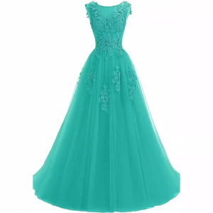 Evening Gown Tulle Skirt Ball Gown Scoop Neck Floral Print Green Sky Blue Women's Performance Dress - Product Image 3