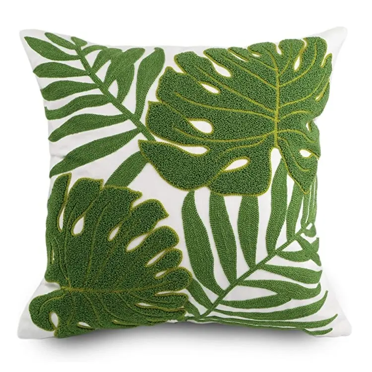 Decorative Throw Pillow Covers 18x18 Tropical Green Leaves embroidery pillow cover for Couch 100% Cotton Cushion Cover Pillow Ca