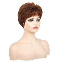 Perruque synthétique haut de gamme sans lacet, fabriquée à la machine, coupe pixie, brun rougeâtre, courte, droite, mate, naturelle, résistante à la chaleur pour femmes